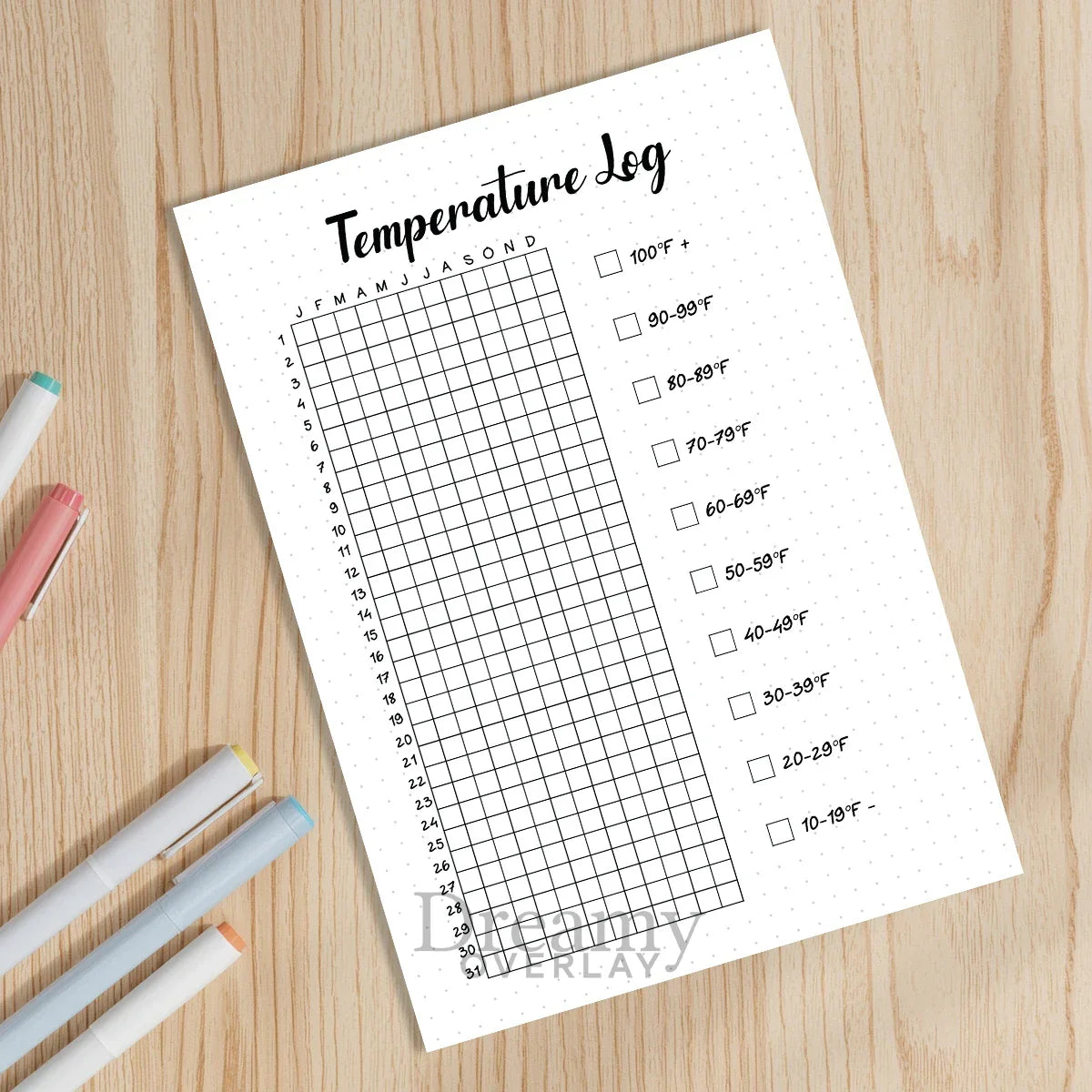 Printable temperature log tracker journal page in A4, A5 and US Letter size