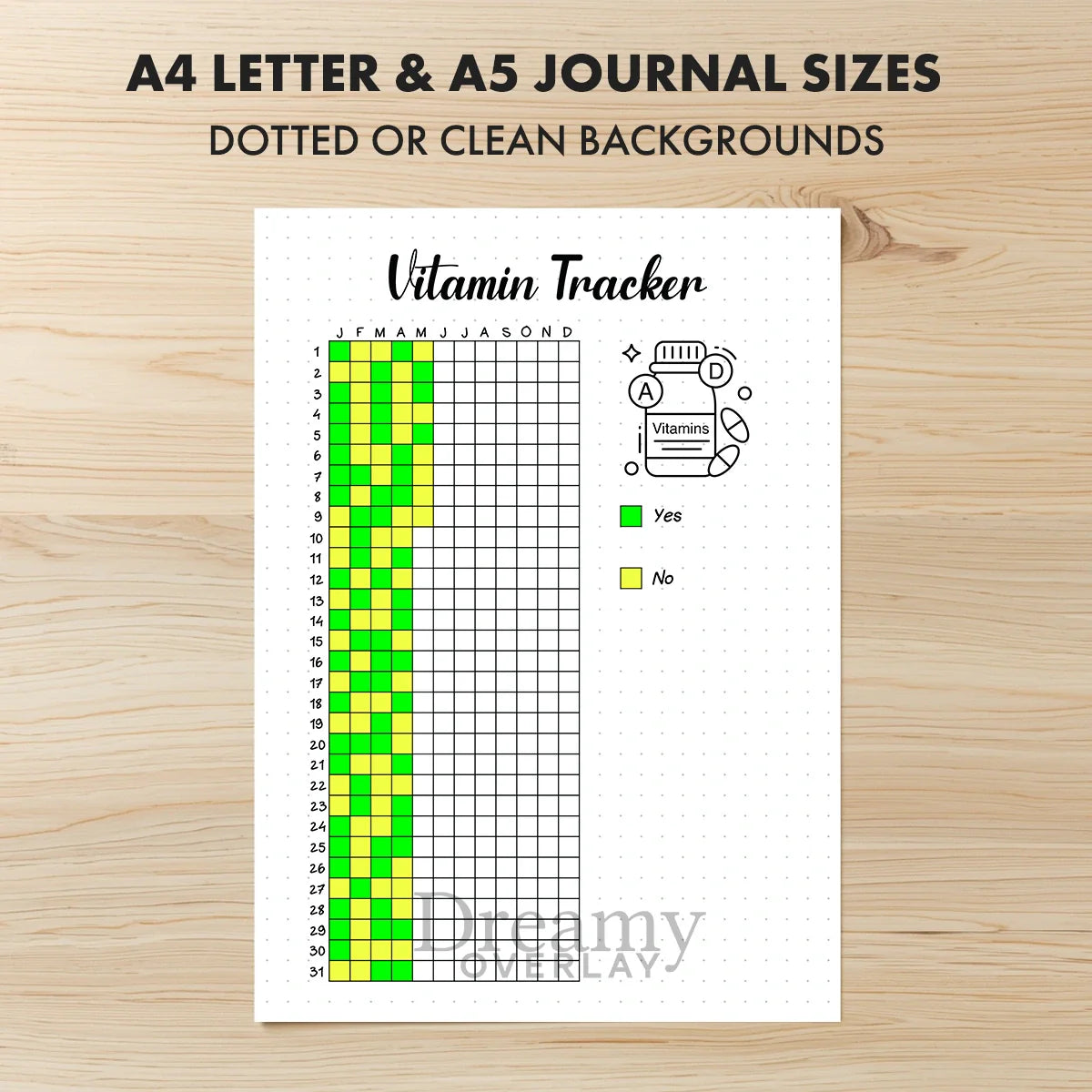 Printable vitamin tracker printable journal page in A4, A5 and US Letter size