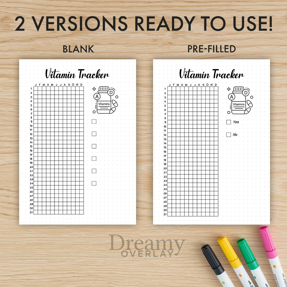 Printable vitamin tracker printable journal page in A4, A5 and US Letter size