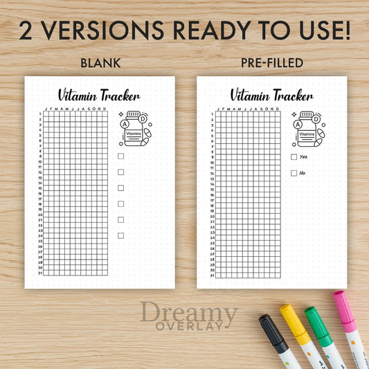 Printable vitamin tracker printable journal page in A4, A5 and US Letter size