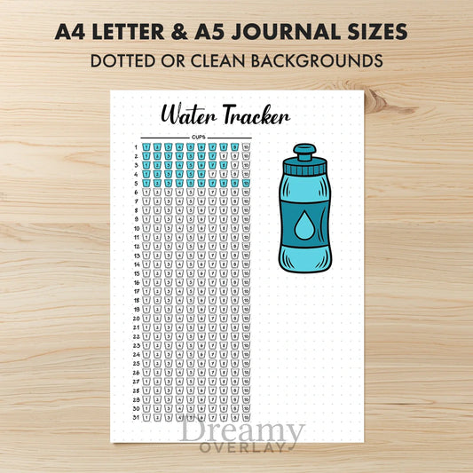 Printable water tracker monthly printable journal page in A4, A5 and US Letter size