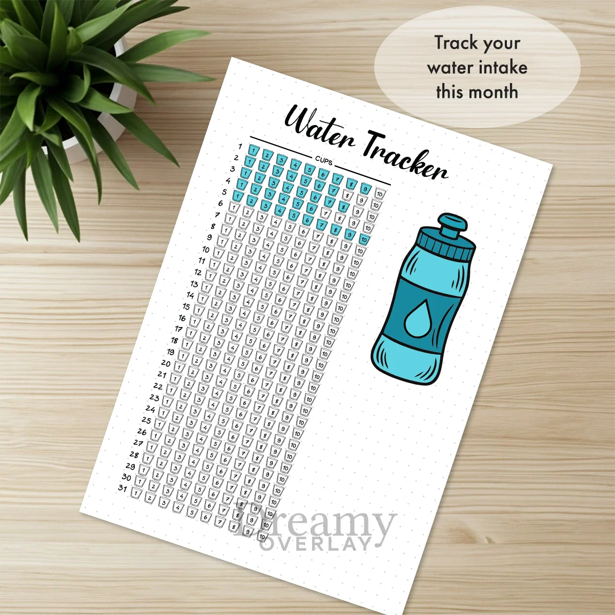Printable water tracker monthly printable journal page in A4, A5 and US Letter size