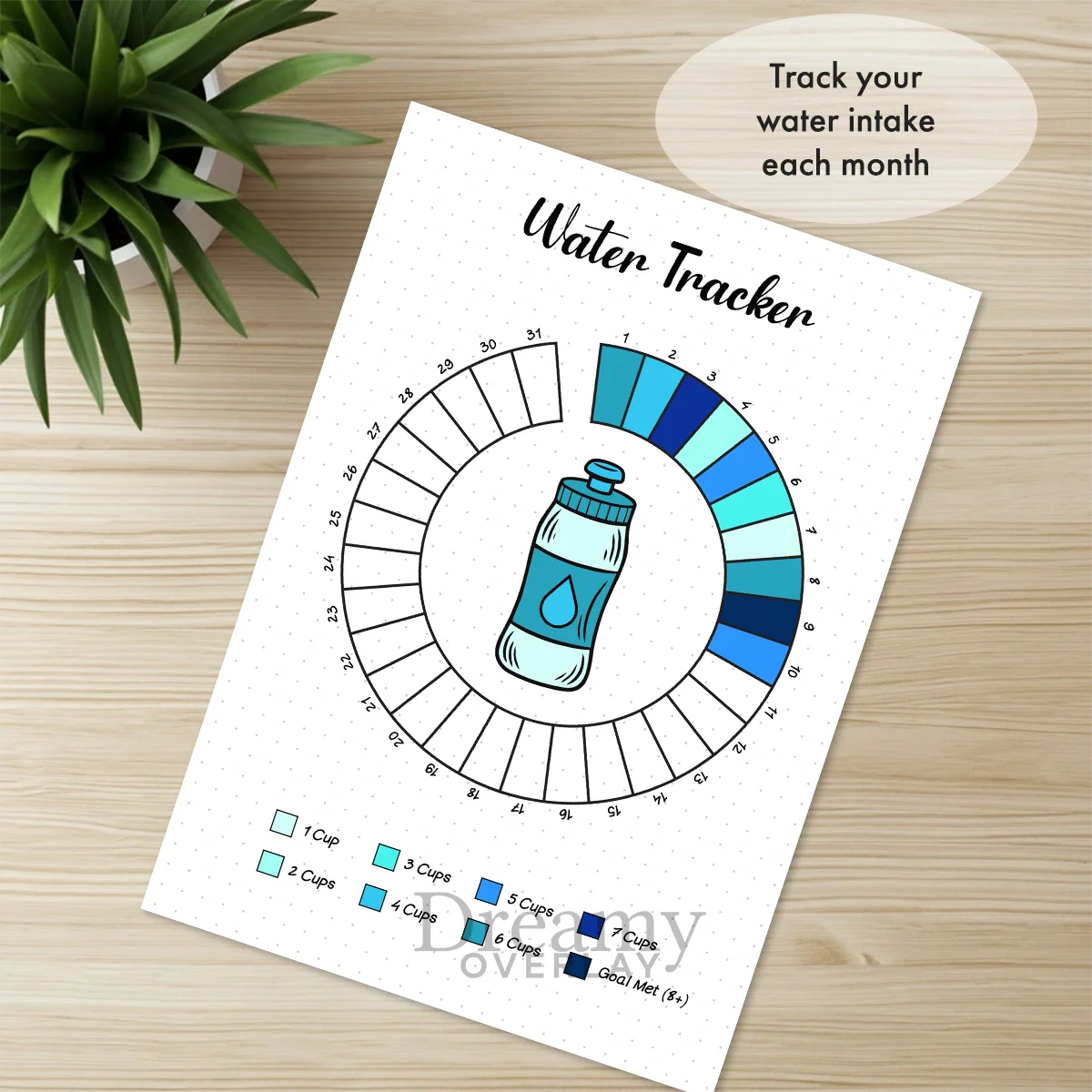 Printable water tracker monthly printable journal page in A4, A5 and US Letter size