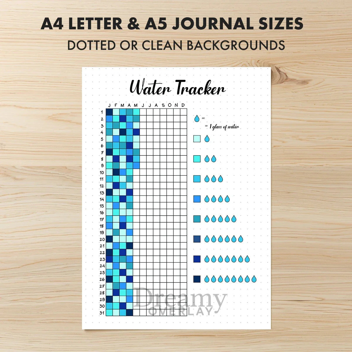 Printable water tracker yearly journal page in A4, A5 and US Letter size