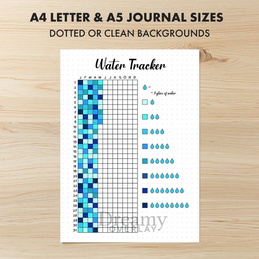 Printable water tracker yearly journal page in A4, A5 and US Letter size