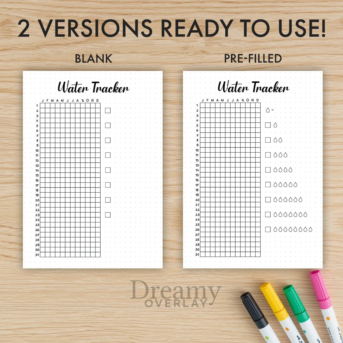 Printable water tracker yearly journal page in A4, A5 and US Letter size