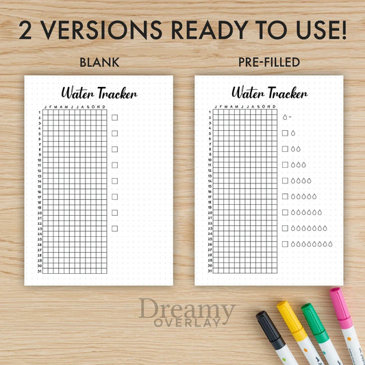 Printable water tracker yearly journal page in A4, A5 and US Letter size