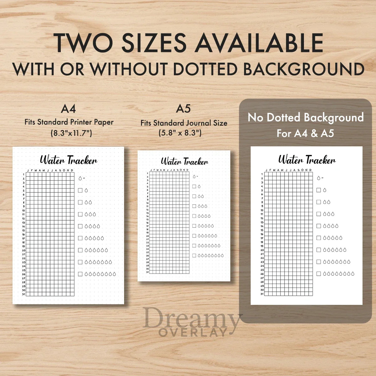 Printable water tracker yearly journal page in A4, A5 and US Letter size