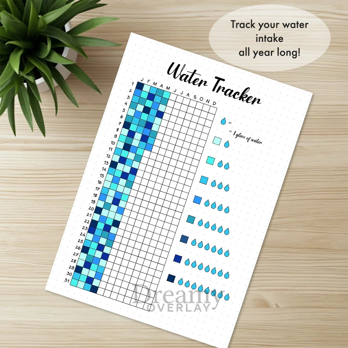 Printable water tracker yearly journal page in A4, A5 and US Letter size