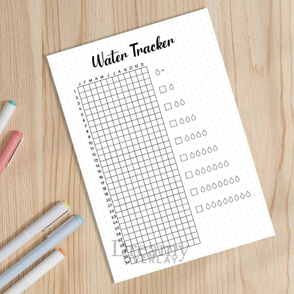 Printable water tracker yearly journal page in A4, A5 and US Letter size