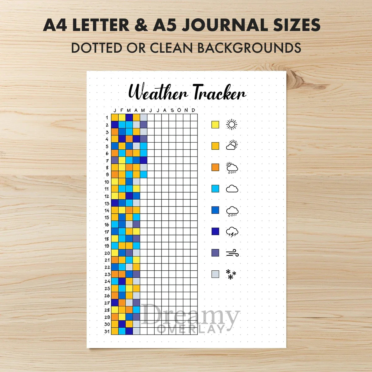 Printable weather tracker journal page in A4, A5 and US Letter size