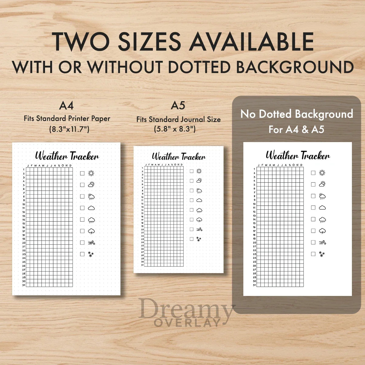 Printable weather tracker journal page in A4, A5 and US Letter size