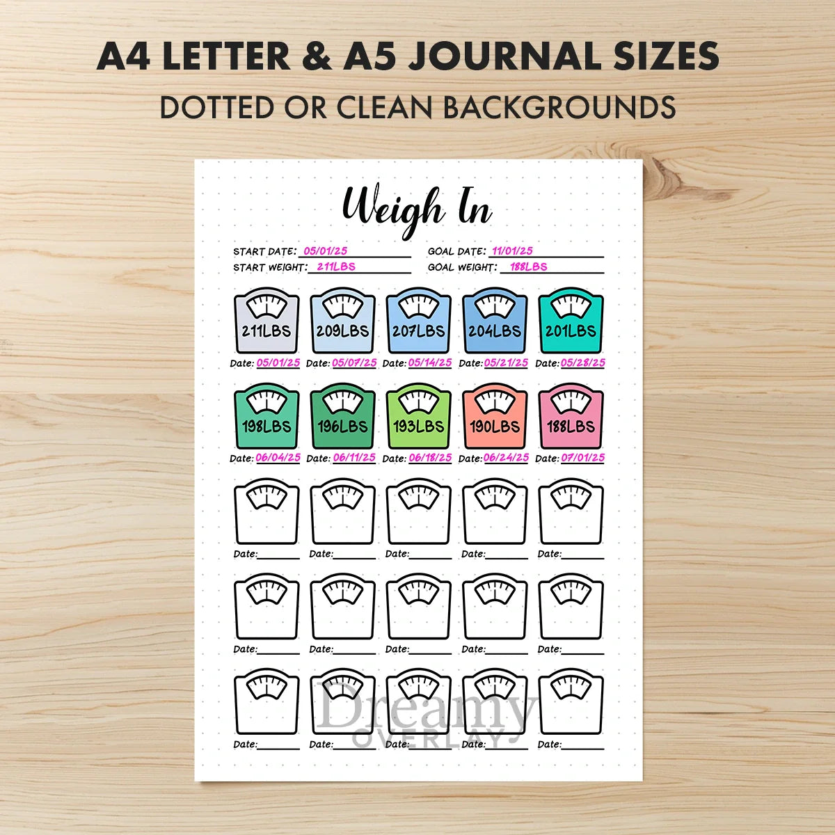 Printable weigh in tracker monthly printable journal page in A4, A5 and US Letter size