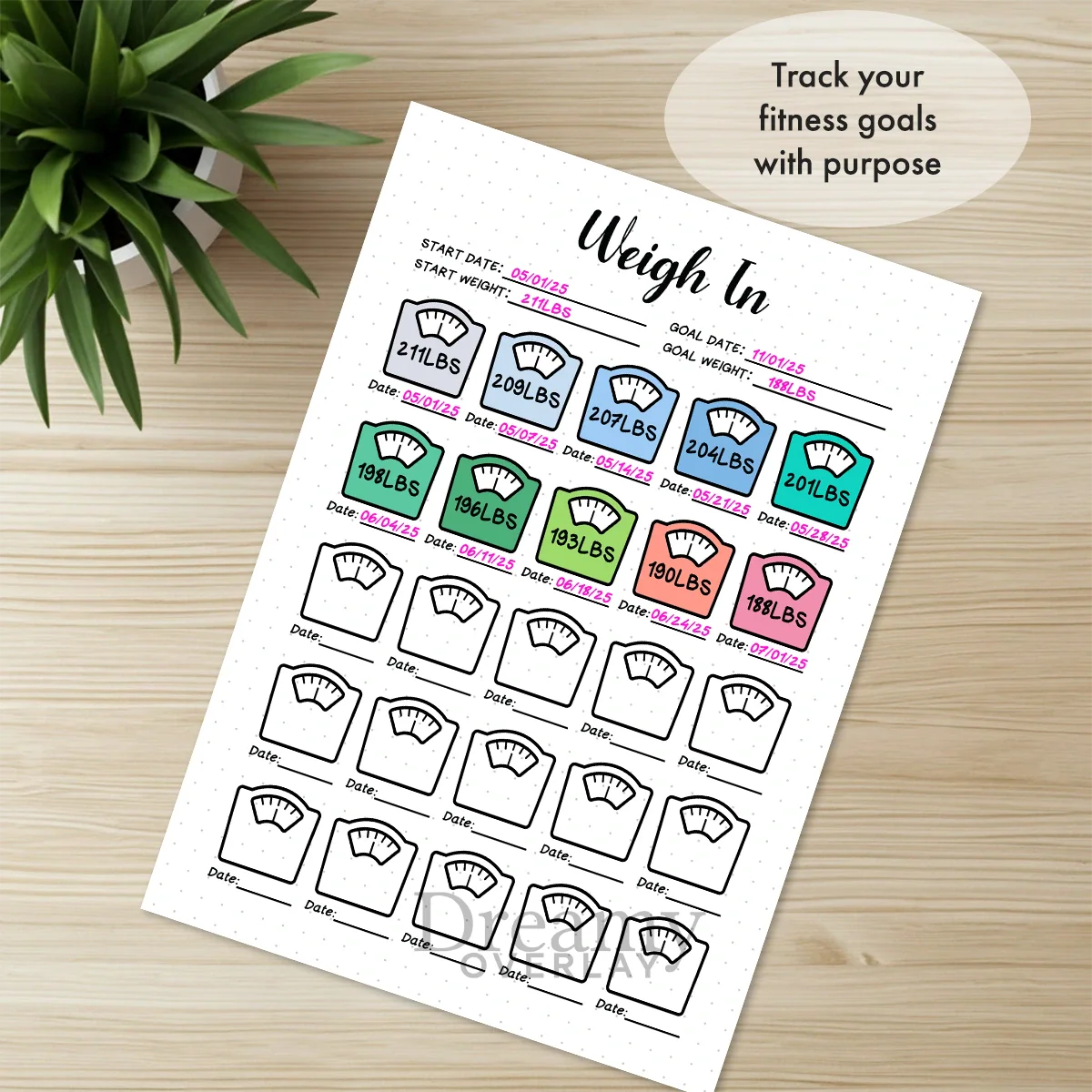 Printable weigh in tracker monthly printable journal page in A4, A5 and US Letter size