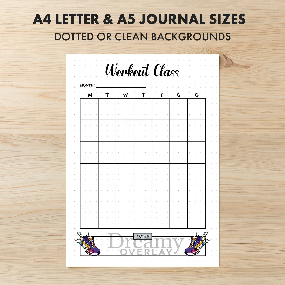 Printable workout class tracker monthly printable journal page in A4, A5 and US Letter size