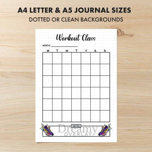 Printable workout class tracker monthly printable journal page in A4, A5 and US Letter size