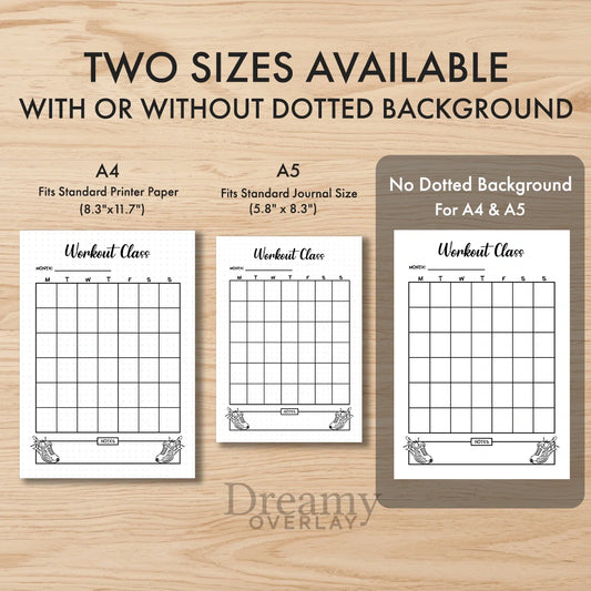 Printable workout class tracker monthly printable journal page in A4, A5 and US Letter size