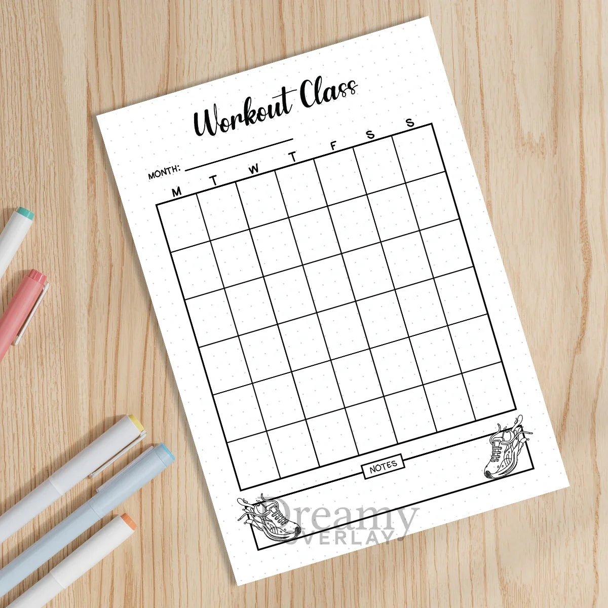 Printable workout class tracker monthly printable journal page in A4, A5 and US Letter size
