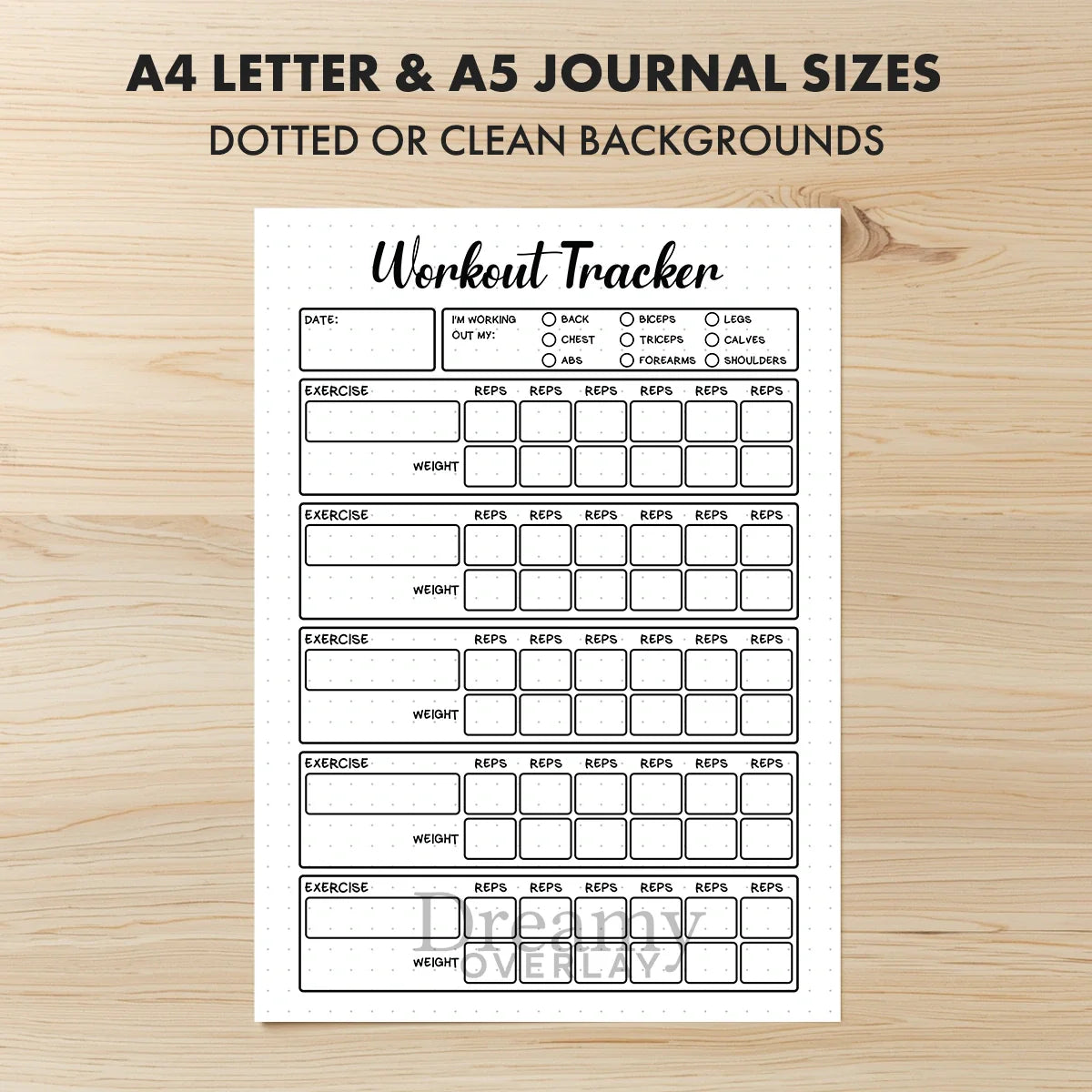 Printable workout tracker monthly printable journal page in A4, A5 and US Letter size