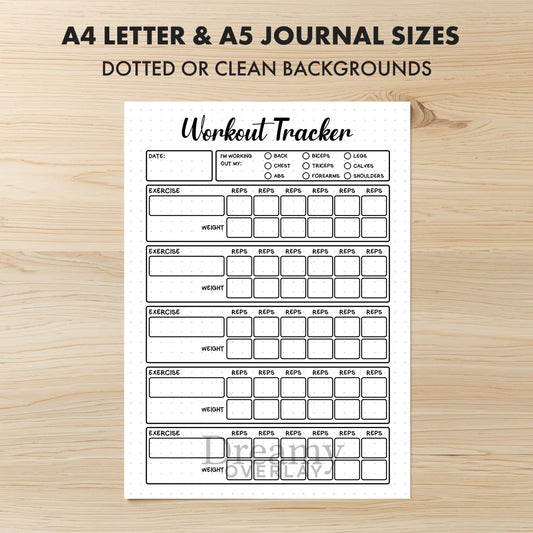 Printable workout tracker monthly printable journal page in A4, A5 and US Letter size