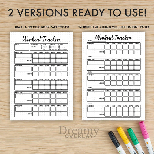 Printable workout tracker monthly printable journal page in A4, A5 and US Letter size