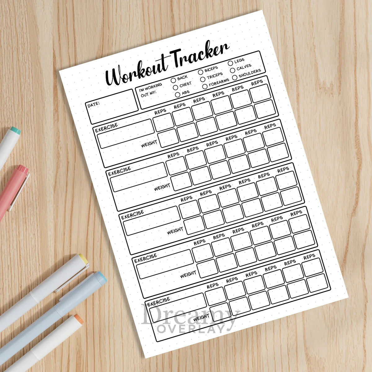 Printable workout tracker monthly printable journal page in A4, A5 and US Letter size