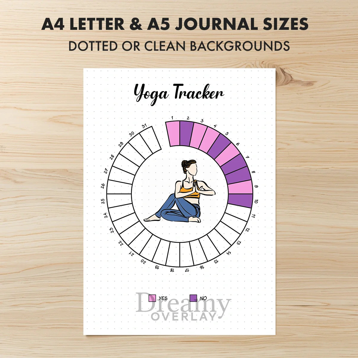 Printable yoga tracker monthly printable journal page in A4, A5 and US Letter size